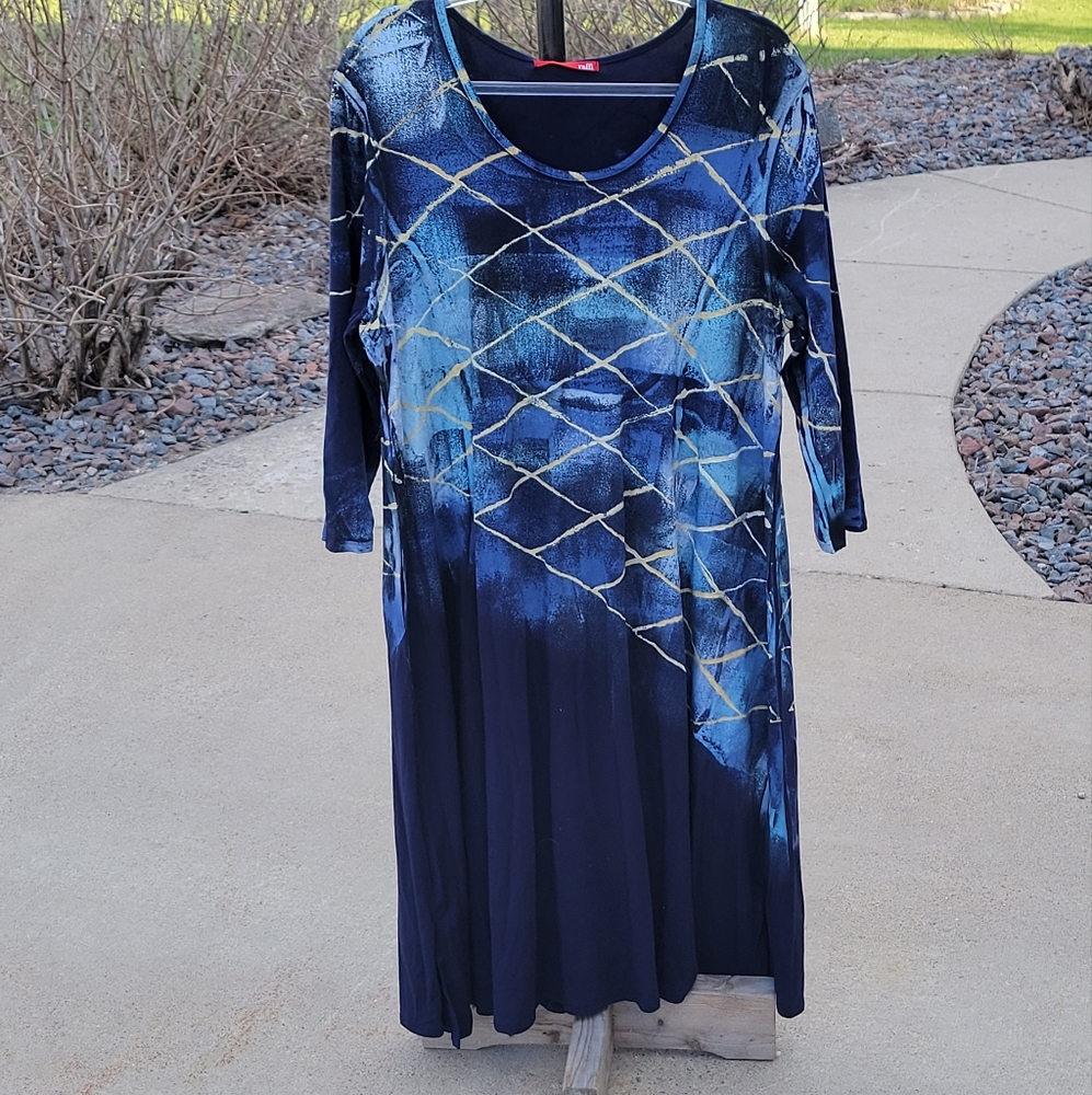 Raffi Navy Multi color screen print quarter sleeve Rayon Dress XL